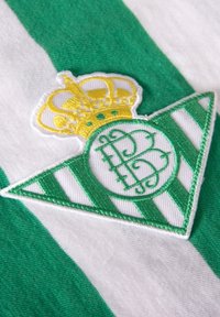 Groen-wit gestreepte stof met een geborduurd schildlogo met een kroon, groene accenten en gedetailleerde letters.