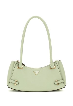 Light green handbag with a curved shape, textured surface, gold hardware accents, and adjustable straps. Features logo detail on the front.