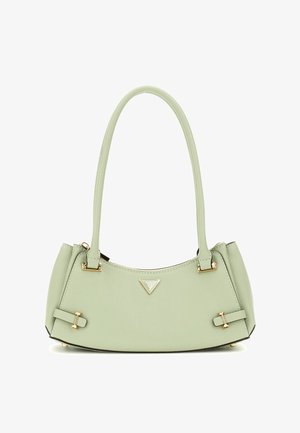 Hellegrüne Handtasche mit geschwungener Form, strukturiertem Oberflächenmaterial, goldenen Hardware-Akzenten und verstellbaren Riemen. Mit Logodetail auf der Vorderseite.