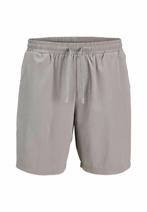 Gray elastic-waist shorts with a drawstring, soft fabric, knee-length cut, and side pockets; smooth texture with minimal seams.