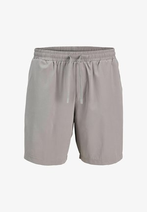 Pantaloni corti grigi con elastico in vita e lacci, in tessuto morbido, taglio a lunghezza ginocchio e tasche laterali; texture liscia con cuciture minime.