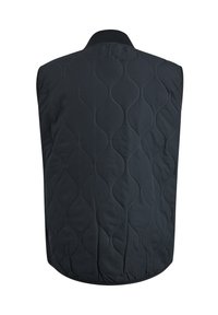 Schwarze wattierte ärmellose Jacke mit glatter Textur, die ein Wellenmuster aufweist und einen gerippten Kragen hat. Keine sichtbaren Verschlüsse oder Taschen.