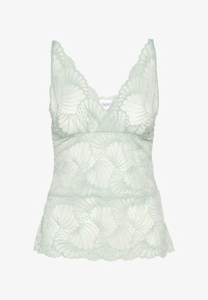Light mint lace camisole featuring a scalloped V-neckline and a floral shell pattern, with a fitted bodice and flared hemline.