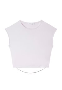 Top bianco corto con scollatura tonda e maniche corte strutturate, caratterizzato da un accento di catena d'argento all'orlo. Tessuto dalla texture liscia.