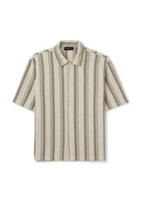 Camicia a maniche corte con bottoni in beige con righe verdi verticali. Presenta un colletto classico e un tessuto texture.