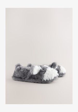 Szürke és fehér színű, kerekded alakú, bolyhos textúrájú papucsok, macskafül díszítéssel; puha anyaguk kényelmes megjelenést kölcsönöz.