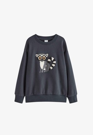 Sweat-shirt gris avec un col arrondi et des poignets côtelés, présentant un motif coloré brodé d'un lémurien sur le devant.