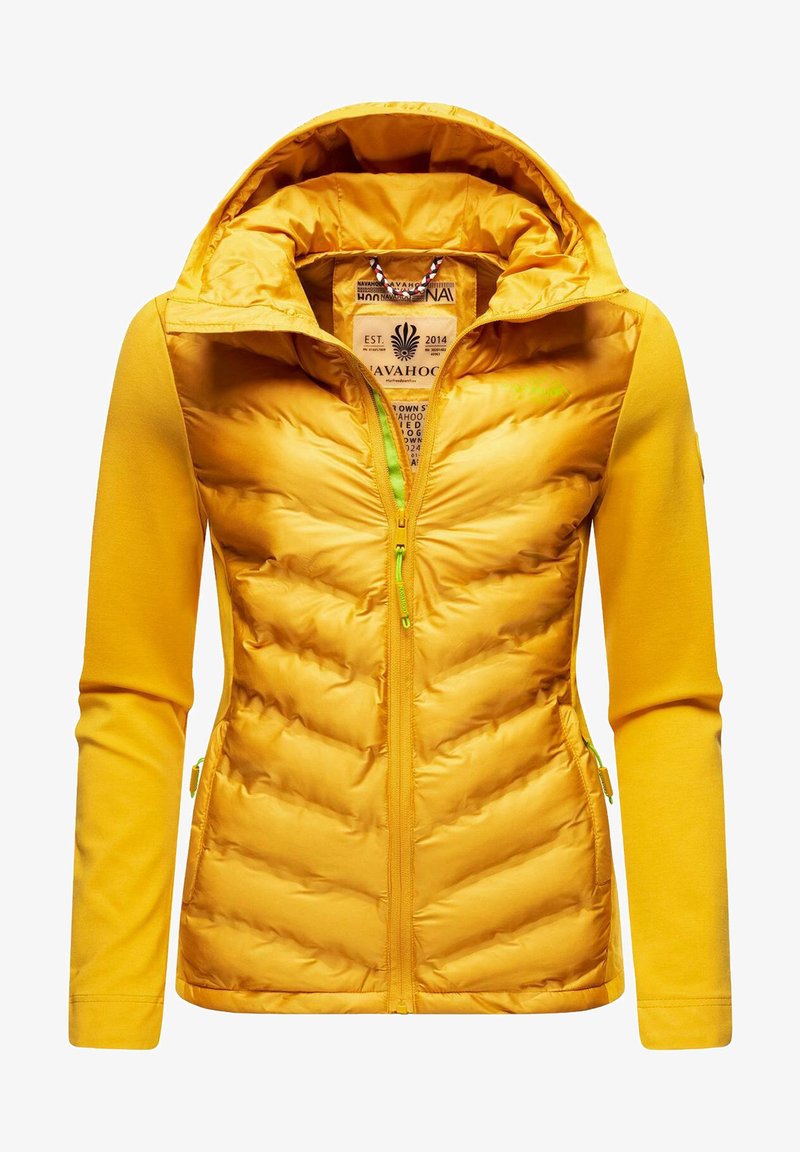 Yellow hybrid jacket with a puffy quilted body and fitted sleeves. Features a zip closure, two side pockets, and a hood. Textured inner lining.