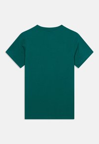 Τυρκουάζ βαμβακερό T-shirt με κοντά μανίκια, στρογγυλή λαιμόκοψη και απλό σχέδιο στην πλάτη. Λεία υφή, χωρίς ορατά σχέδια ή διακοσμητικά στοιχεία.