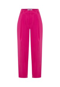 Bright pink pants with a high waist, featuring front pleats, smooth fabric, and a tapered leg design. No pockets or embellishments.