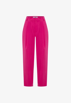Bright pink pants with a high waist, featuring front pleats, smooth fabric, and a tapered leg design. No pockets or embellishments.