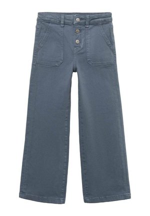 Weite Hosen aus einem dunkelgrauen Stoff, mit einer Knopfleiste vorne, zwei Fronttaschen und einer glatten Textur mit genähten Details.