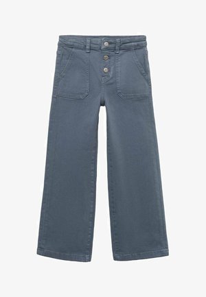 Hlače s širokimi nogami v temno sivi tkanini, ki imajo spredaj gumb in dva sprednja žepa ter gladko teksturo z vdelanimi detajli.