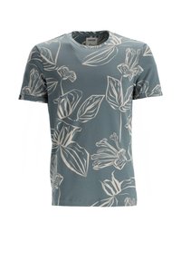 T-shirt bleu clair à manches courtes avec grands motifs floraux et feuillage blanc et col rond.