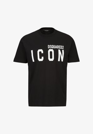 Schwarzes Baumwoll-T-Shirt mit auffälligem weißem "DSQUARED2 ICON"-Schriftzug, kurzen Ärmeln, Rundhalsausschnitt und normaler Passform. Glatte Textur, klassisches Design.