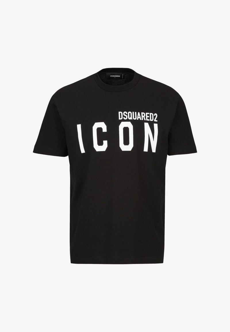Black cotton t-shirt featuring bold white "DSQUARED2 ICON" text, short sleeves, crew neck, and a standard fit. Smooth texture, classic design.