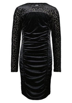 Robe en velours noir froncée avec manches longues transparentes à imprimé léopard et empiècement transparent au niveau du décolleté.