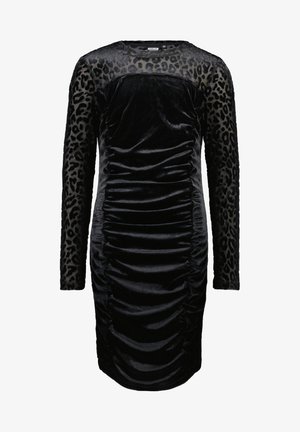Robe en velours noir froncée avec manches longues transparentes à imprimé léopard et empiècement transparent au niveau du décolleté.