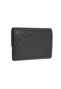 Portafoglio in pelle nera con un motivo in rilievo, design bifold, texture liscia e bordi arrotondati. Presenta una chiusura sicura e un profilo sottile.