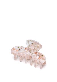 Transparent pastellrosa hårklämma med en blommönster och inbyggda flerfärgade ädelstenar. Slät yta med rund form och greppande tänder.
