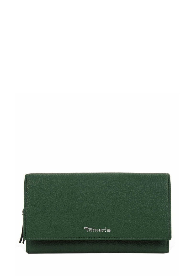 Portafoglio in pelle verde con una texture granulosa, dotato di chiusura magnetica e dettaglio logo argentato nella parte anteriore. Forma rettangolare.
