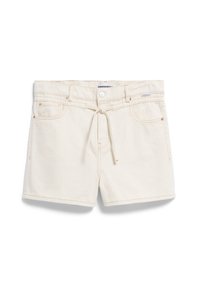 Cream-colored denim shorts with a relaxed fit, featuring a drawstring waist, two front pockets, and contrast stitching.