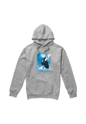 Grey hooded sweatshirt with a front image of a steam train in blue tones and a small figure walking toward it, text reads "The Polar Express".
