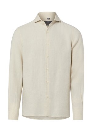 Chemise beige à manches longues avec boutons, col classique, coupe ajustée et étiquette de marque visible à l'intérieur du col.