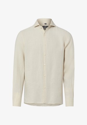 Camicia beige a maniche lunghe con bottoni, collo a punta, vestibilità slim e etichetta del marchio visibile all'interno della zona del collo.
