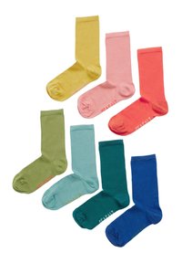 Otto paia di calze di cotone in vari colori: giallo, rosa, corallo, verde, blu chiaro, verde acquamarina, verde scuro e blu navy, con una leggera personalizzazione.
