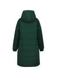 Abrigo acolchado de color verde oscuro con capucha, que presenta un diseño acolchado, mangas largas y puños elásticos. El abrigo llega hasta la altura de las rodillas.