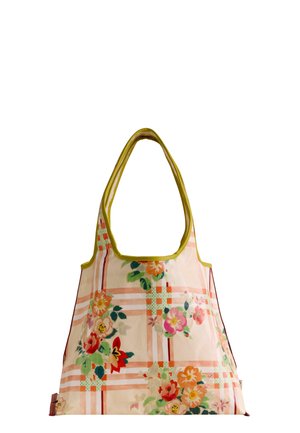 Taška cez rameno so zeleným lemovaním s pastelovým károvaným vzorom a farebnými kvetinovými motívmi v červenej, ružovej, oranžovej a zelenej farbe na svetlom pozadí.