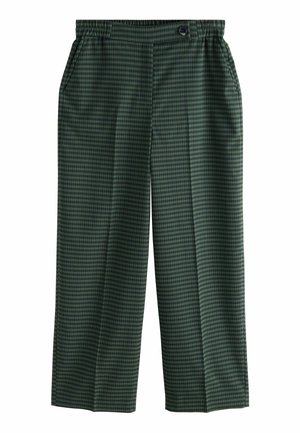 Pantaloni verzi cu carouri, cu o croială lejeră, talie elastică, buzunare laterale și închidere cu nasture. Materialul are un model în grilaj.