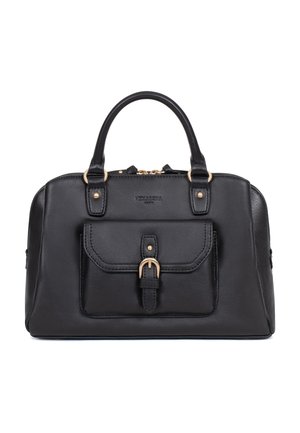 Zwarte leren handtas met dubbele handvatten, een voorvak met klep en gouden gesp, en een gouden rits aan de bovenkant.