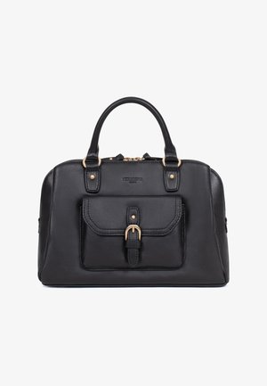 Black leather handbag with double handles, front flap pocket with gold buckle, and gold zipper on top.