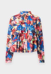 Long-sleeve blouse with multicolored layered floral print in red, blue, pink, and cream tones, featuring a button-up front and collar.