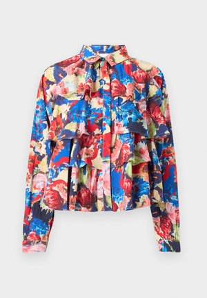 Blouse à manches longues avec imprimé floral en couches multicolores dans des tons rouges, bleus, roses et crème, dotée d'un devant boutonné et d'un col.