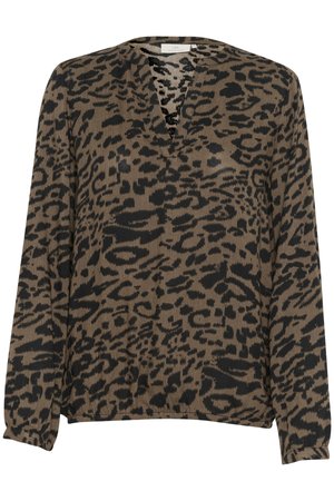 Dierenprint langemouwen top in bruin en zwart, met een V-hals ontwerp en een geribde textuur. Ruime pasvorm met een gathered zoom.