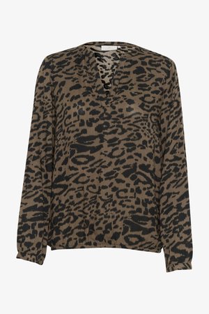 Top de manga larga con estampado animal en marrón y negro, con un diseño de cuello en V y textura acanalada. Ajuste relajado con dobladillo fruncido.