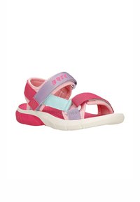 Sandali regolabili rosa e viola con suola leggera, cinturini in tessuto morbido e soletta imbottita. Progettati per comfort e supporto.