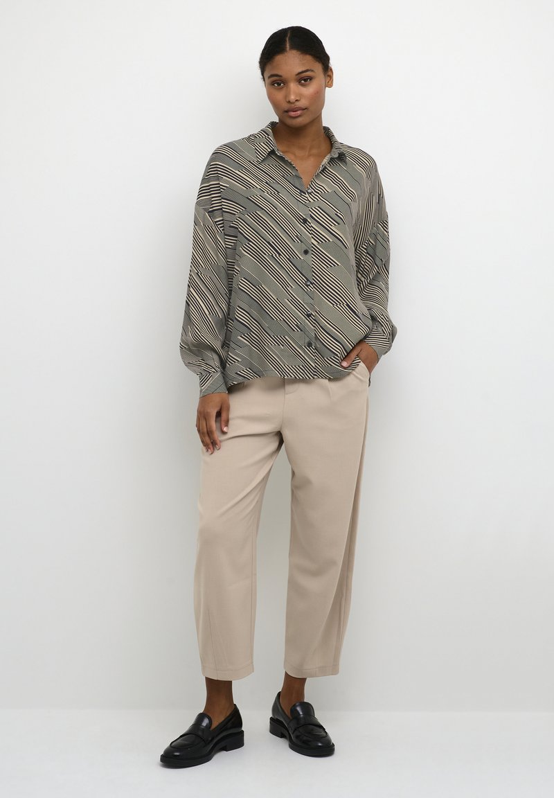 Gestreifte Hemd mit beigen, schwarzen und olivfarbenen Tönen. Getragen mit hellbeigen Hosen und schwarzen Loafers.