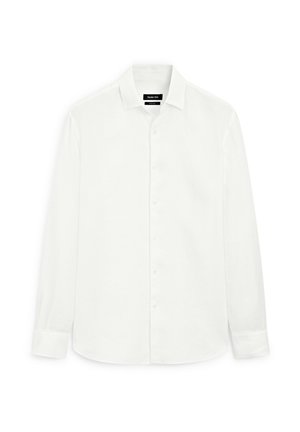 Camicia bianca a maniche lunghe realizzata in tessuto morbido, con colletto classico, chiusura frontale con bottoni e orlo dritto. Senza motivi o accenti.