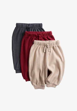 Tres pares de pantalones cortos de salón para niños: gris oscuro, burdeos y beige. Hechos de tela texturizada, con cinturas elásticas y cordones ajustables.