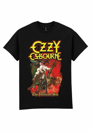 Black T-shirt with bold yellow "Ozzy Osbourne" text, featuring a woman in white and leather amidst a monstrous, fiery red background, titled "The Ultimate Sin."
