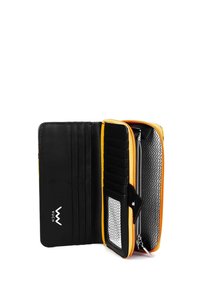 Black leather wallet with bright orange accents, zip closure, multiple card slots, and a patterned gray interior featuring zigzag lines.
