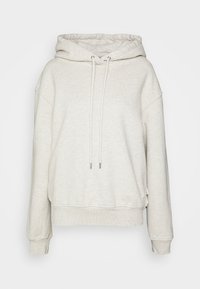 Světle šedá mikina s měkké tkaniny, vybavená kapucí se šňůrkou, raglánovými rukávy a zkráceným lemem s žebrovanými manžetami.