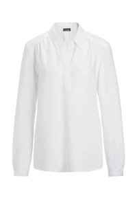 Weißes Langarmshirt mit Kragen und durchgehender Knopfleiste. Aus glattem Stoff gefertigt, mit lässiger Passform und umgeschlagenen Ärmeln.