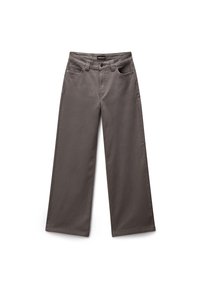 Weite Hose aus einem glatten, dunkelgrauen Baumwollstoff, ausgestattet mit Eingrifftaschen und einem Knopfverschluss.