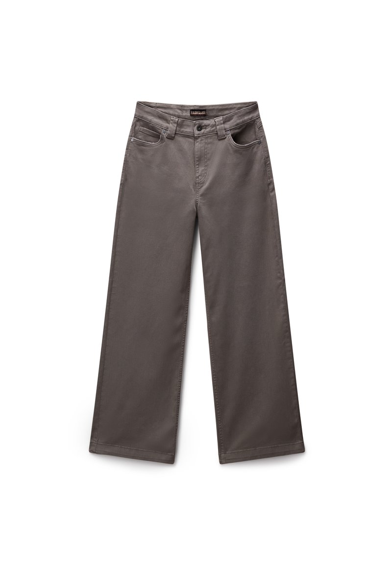 Weite Hose aus einem glatten, dunkelgrauen Baumwollstoff, ausgestattet mit Eingrifftaschen und einem Knopfverschluss.