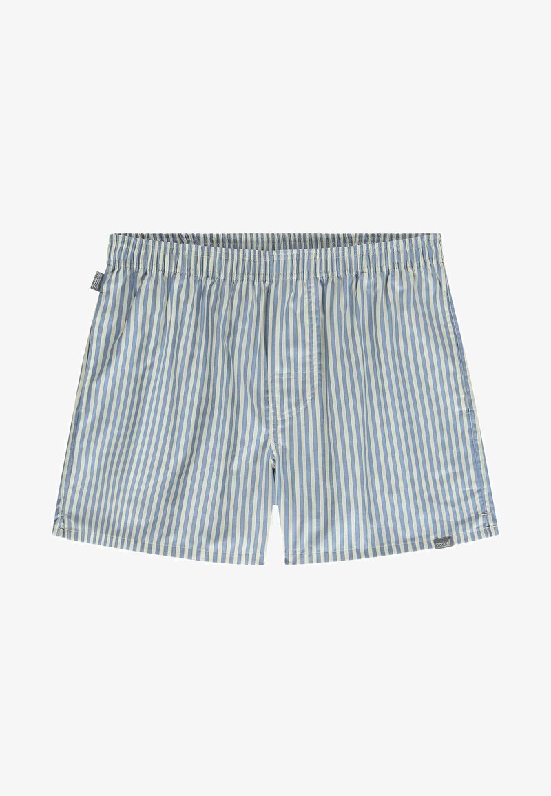 Črtasti bokserji v svetlo modri in beli barvi, z elastičnim pasom, mehkim materialom in majhno oznako blagovne znamke ob strani.